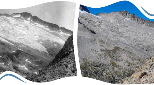 Photos du Glacier d’Aneto, plus grand glacier des Pyrénées, 1894 (M. Gourdon) et 2024 (P. René) montrant la disparition du glacier
