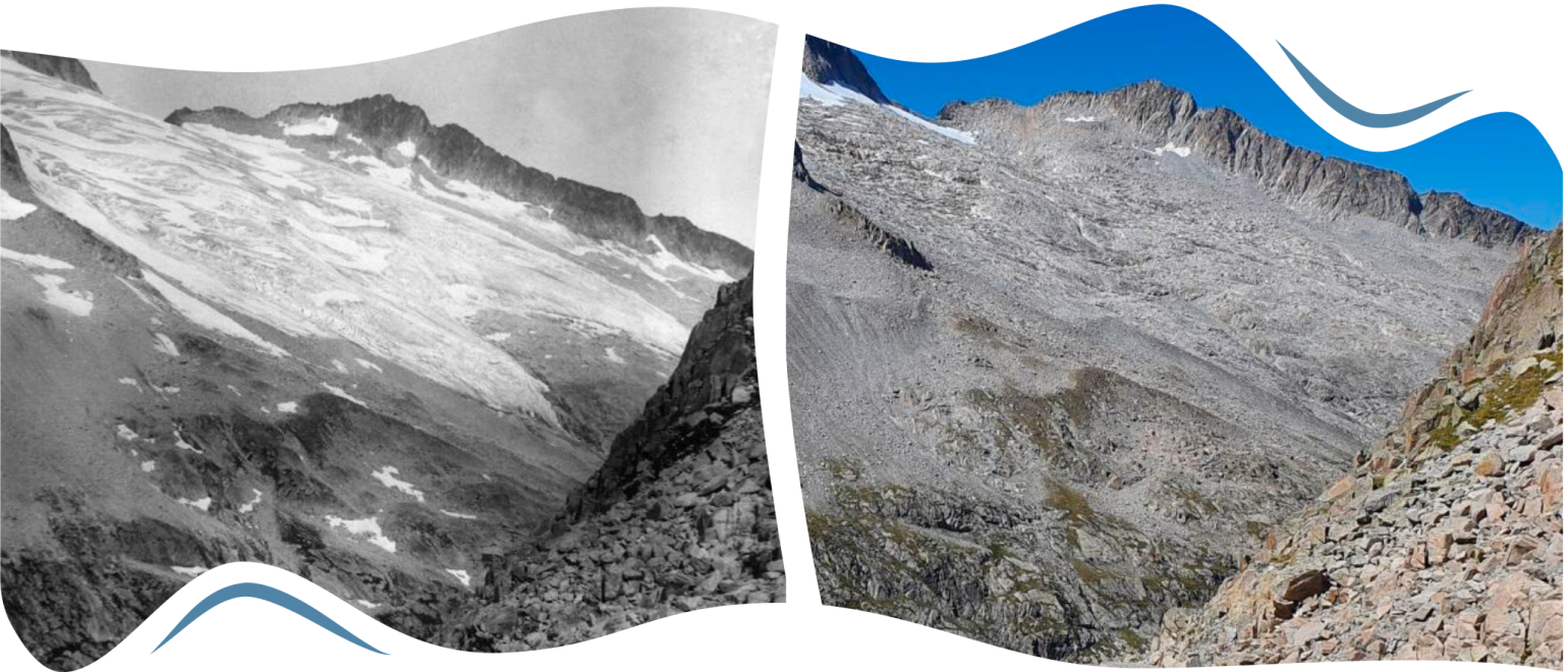 Photos du Glacier d’Aneto, plus grand glacier des Pyrénées, 1894 (M. Gourdon) et 2024 (P. René) montrant la disparition du glacier