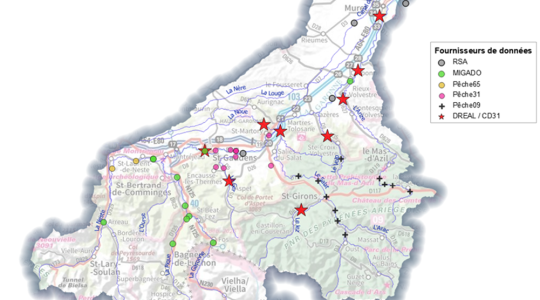 Principales stations disponibles et mobilisées pour l’observatoire thermique des cours d’eau, toutes n’ont cependant pas fourni des données continues pendant l’été (source Eaucéa)